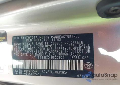 2004 Toyota Camry Se из США, поврежденный, VIN 4T1BE32KX4U823927